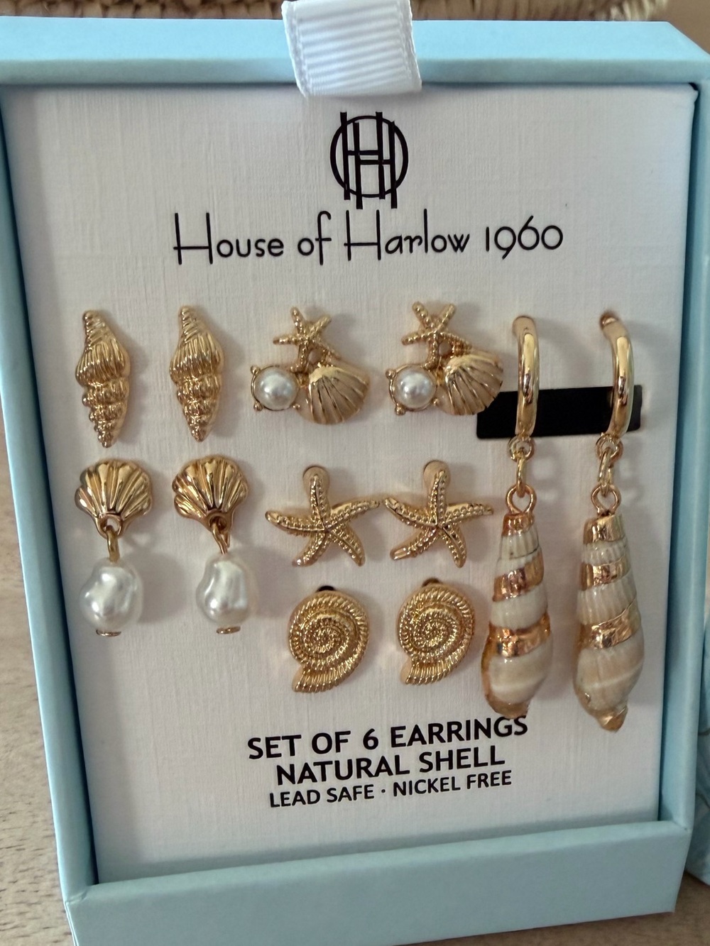 House of Harlow 1960 Gold and Natural Shell 6-Pair Earring Set - Coastal Motif